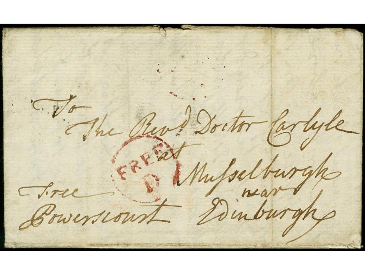1782, "FREE/D" in purple, clear strike on front of entire letter from Dublin to Edinburgh, fine and scarce