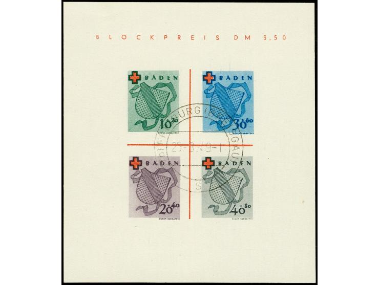 Rotes Kreuz-Block, Type II, mit zentrischem Stempel "FREIBURG (BREISGAU) 29.3.49", tadellos Fotoattest Schlegel D. BPP (Mi. 1