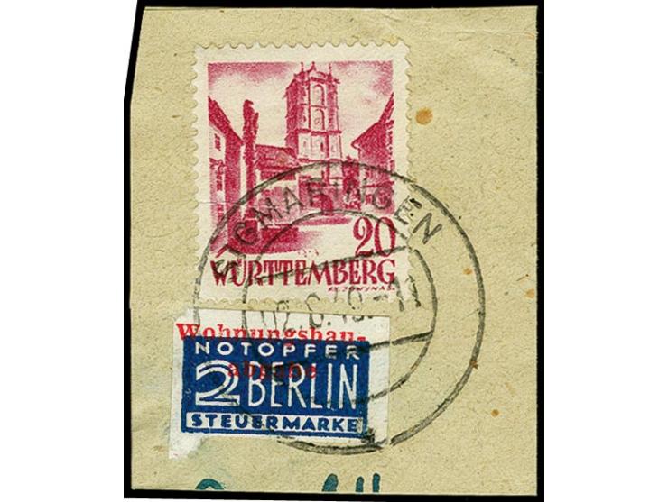 2 Pfg. geschnitten, allseits voll- bis breitrandig, gestempelt "SIGMARINGEN 2.8.49" auf Briefstück mit Freimarke 20 Pfg., Fot