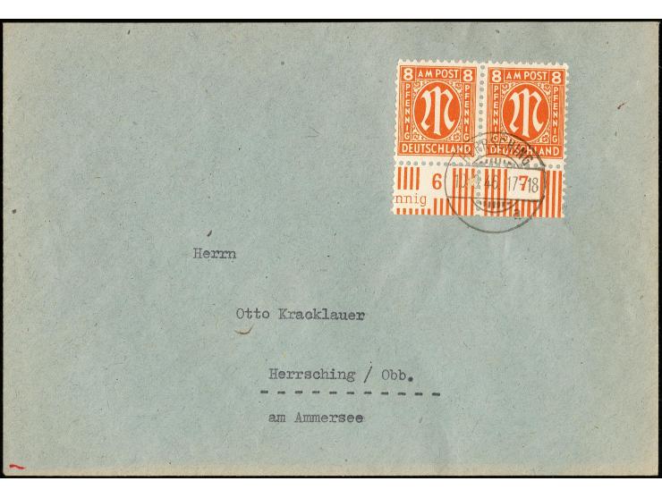 1945, AM POST deutscher Druck: 8 Pfg. im waagerechten Paar mit Unterrand als portogerechte Mehrfachfrankatur auf Ortsbrief au