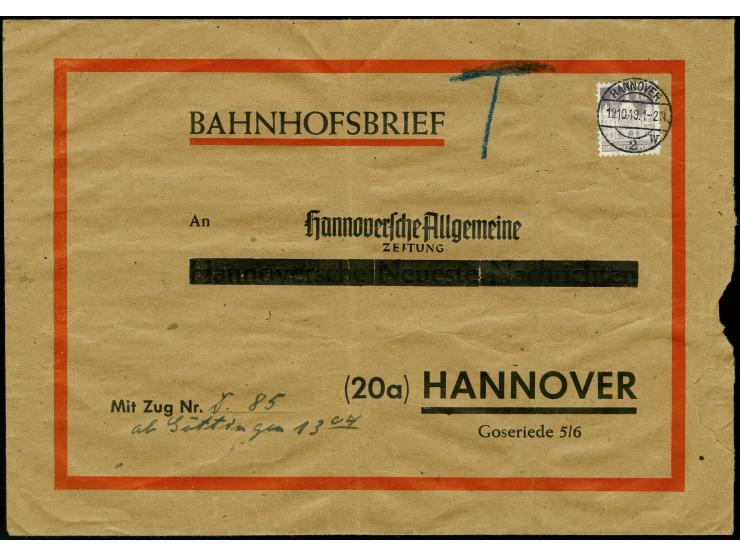 15 Pfg. violett auf unterfrankiertem Bahnhofsbrief-Vordruckumschlag im Großfomat mit handschriftichem Leitvermerk und Tax-Ver