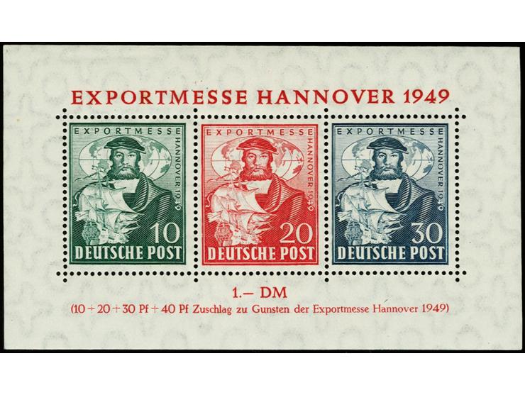 1949, Hannover-Messeblock mit 30 Pfg. dunkelgrünlichblau (dieser mit winziger Gummieinschränkung), postfrisch, dreifach sign.