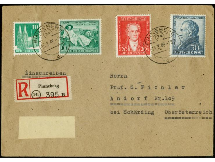 1949, 200. Geburtstag Goethe 10-30 Pfg. mit Zufrankatur mit Stempel "PINNEBERG 15.8.49" auf portogerechtem Ersttags-Einschrei