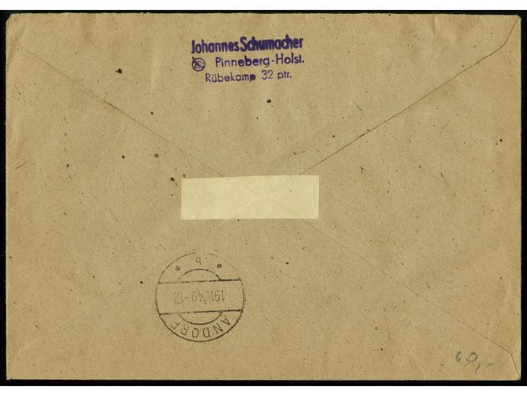 1949, 200. Geburtstag Goethe 10-30 Pfg. mit Zufrankatur mit Stempel "PINNEBERG 15.8.49" auf portogerechtem Ersttags-Einschrei