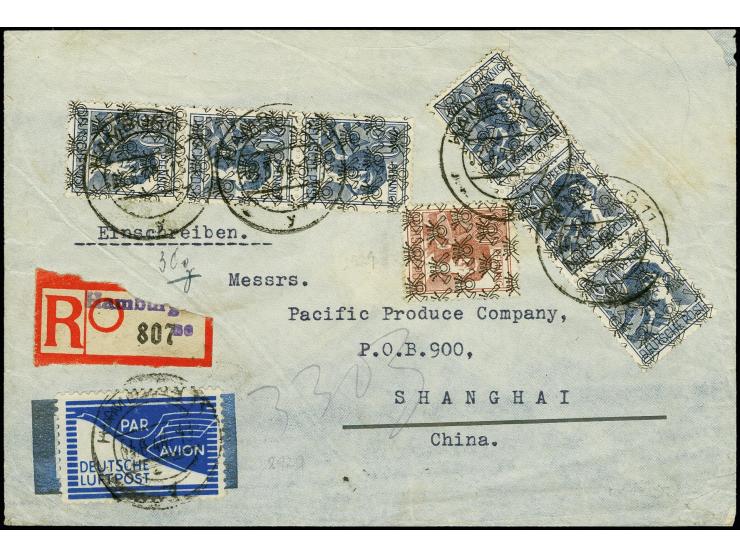 1948, Flugpost-Zulassungsmarke mit Stempel "HAMBURG 11 3.8.46" auf R-Luftpostbrief bis 40 g mit zwei senkrechten 3er-Streifen