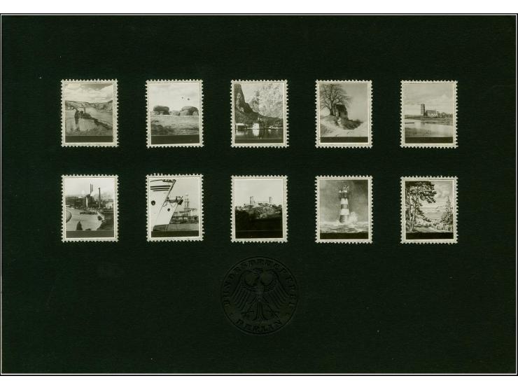 1950, nicht verausgabte Serie "Landschaften", 10 Photo-Essays auf gezähnten Karton auf schwarzem Vorlagekarton mit Trockensie