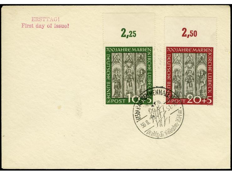 1951, Marienkirche 10-20 Pfg. je als Oberrandstück mit Ersttagssonderstempel "BAD REICHENHALL 30.8.51" auf Blanko-FDC, selten