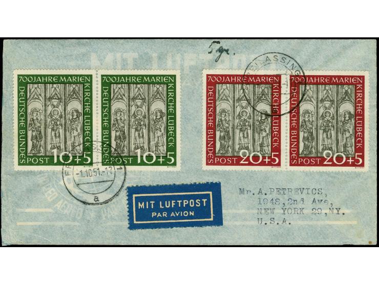 1951, Marienkirche 10-20 Pfg. je im waagerechten Paar mit Stempel "FREILASSING -1.10.51" auf Luftpostbrief nach New York, lei