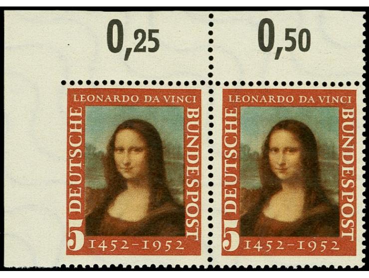 1952, Mona Lisa 5 Pfg. im waagerechten Paar aus der linken oberen Bogenecke, links ungezähnt, postfrisch, tadellos