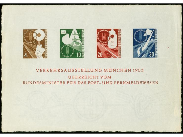 1953, Verkehrsausstellungsblock 4-30 Pfg. ohne vorderseitige Wellenlinien, ungebraucht ohne Gummi, im Rand minimal bräunlich,