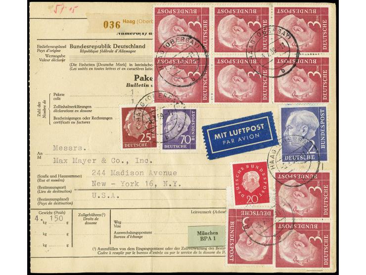 1954, Heuss 3 M. im senkrechten 8er- und 6er-Block, waagerechten Paar und zwei Einzelwerten vorder- und rückseitig auf Luftpo
