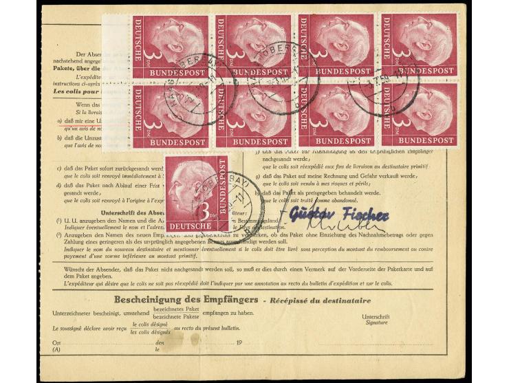 1954, Heuss 3 M. im senkrechten 8er- und 6er-Block, waagerechten Paar und zwei Einzelwerten vorder- und rückseitig auf Luftpo