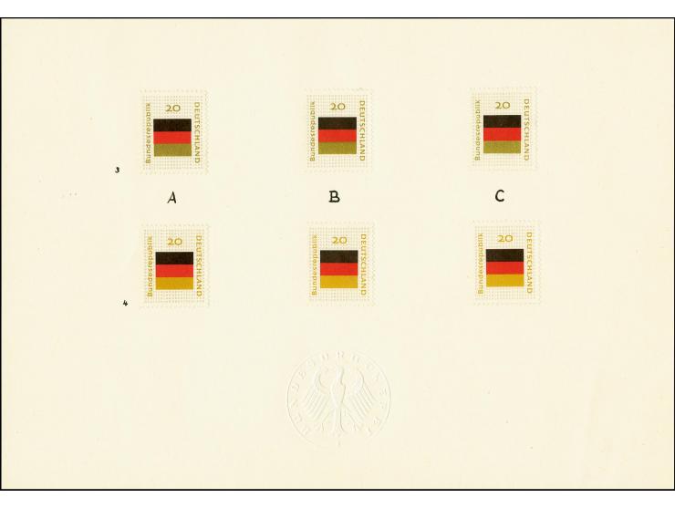 1959, nicht verausgabte Serie "10 Jahre Deutsches Bundesrepublik", 6 farbige und gezähnte Essays in zwei Reihen á drei Marken