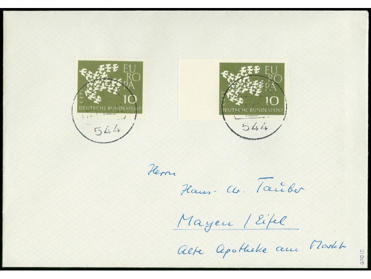1961, Europa 10 Pfg., ungezähnt, vom linken Bogenrand und Normalmarke auf portogerechtem Ortsbrief von "MAYEN 22.11.63", Foto