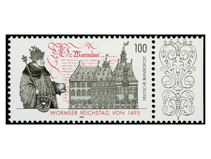 1995, Wormser Reichstag 100 Pfg. mit Druck auf der Gummiseite, Randstück