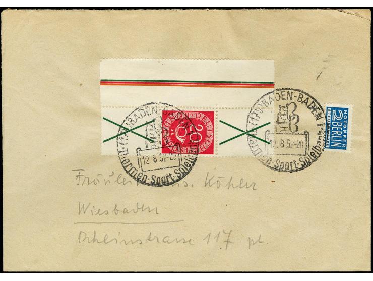 1951, Posthorn X+20+X mit linkem Rand mit Sonderstempel "BADEN-BADEN 12.8.52" auf portogerechtem Brief nach Wiesbaden, tadell