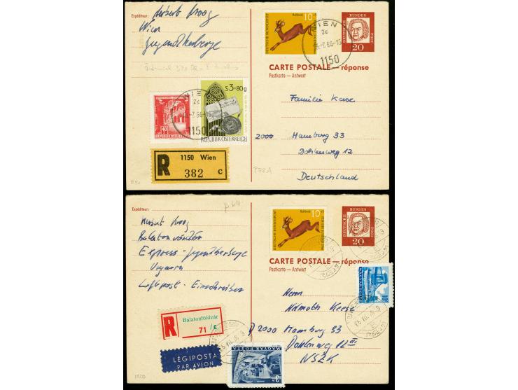 1962, Antwortkarte 20 Pfg., 2 Stück, jeweils mit Zufrankatur 10 Pfg. sowie zusätzlicher österreichischer bzw. ungarischer Zuf