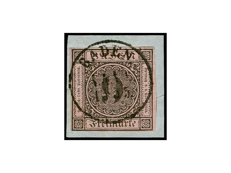 9 Kr. auf rosa, unten links winzig berührt sonst voll- bis sehr breitrandig mit EKr. "BADEN .. 1855" auf Briefstück, selten, 