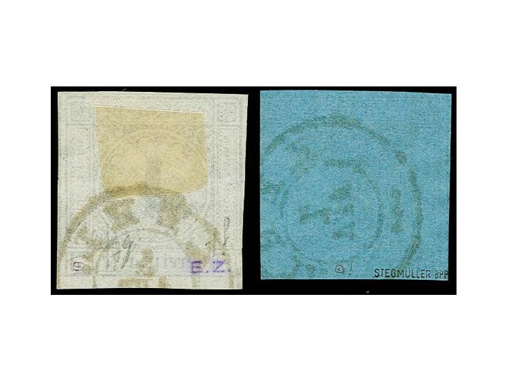 1 Kr. schwarz und 3 Kr. auf blau, beide meist breit- bis überrandig, entwertet durch DKr. von Kehl, sign. bzw. Kurzbefund Ste