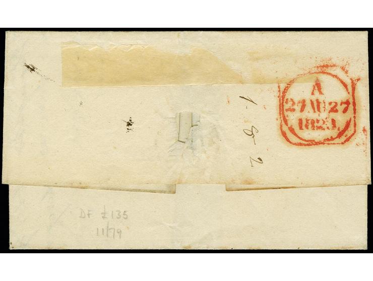 1823, "CASTLE BELLINGHAM/34", clear single circle without date on entire letter to Dublin, charges "5" d.