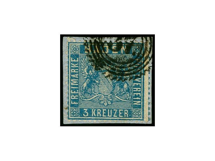 3 Kr. preußischblau mit rotem Versuchsgummi, mit Zackenkranzstempel "87" auf kleinem Briefstück, einwandfrei, sign. Seeger BP