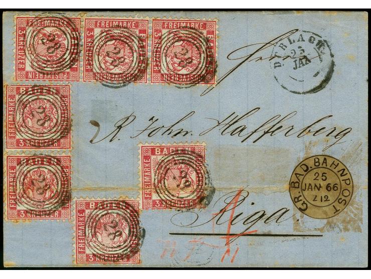 1862, 3 Kr. rosa, senkrechter 3er-Streifen und 4 Einzelstücke mit Nr. "28" und nebengesetztem DKr. "DURLACH 25 JAN" (1866) au