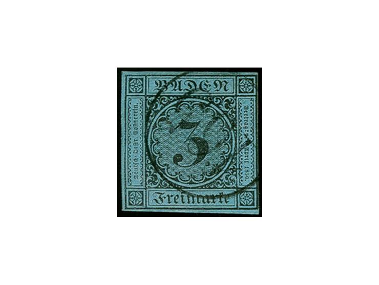 "165" RITTERSBACH, sauber auf 1858, 3 Kr. auf blau, rechts Randlinienschnitt, sonst breitrandig, kleine falzhelle Stelle, son