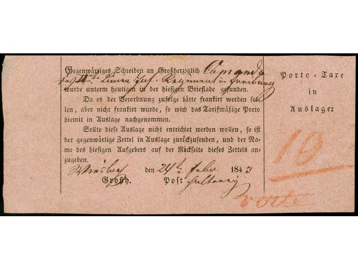 1843, rosafarbener Tax-Zettel für einen Brief des Bürgermeisteramtes in Wiesloch an eine Militär-Adresse in Freiburg