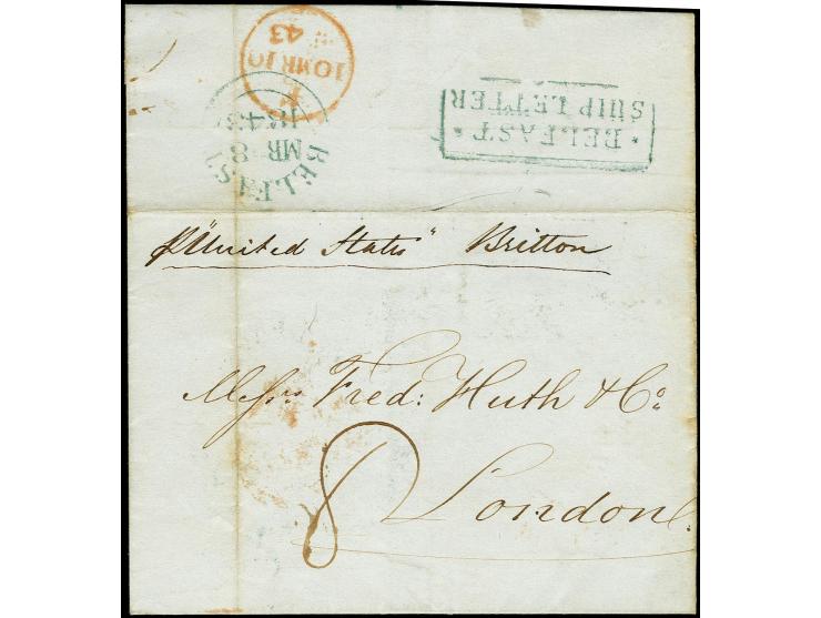 1843, "*BELFAST*/SHIP LETTER", boxed marking in green, clear strike on reverse of lettersheet from New Orleans to London, sca