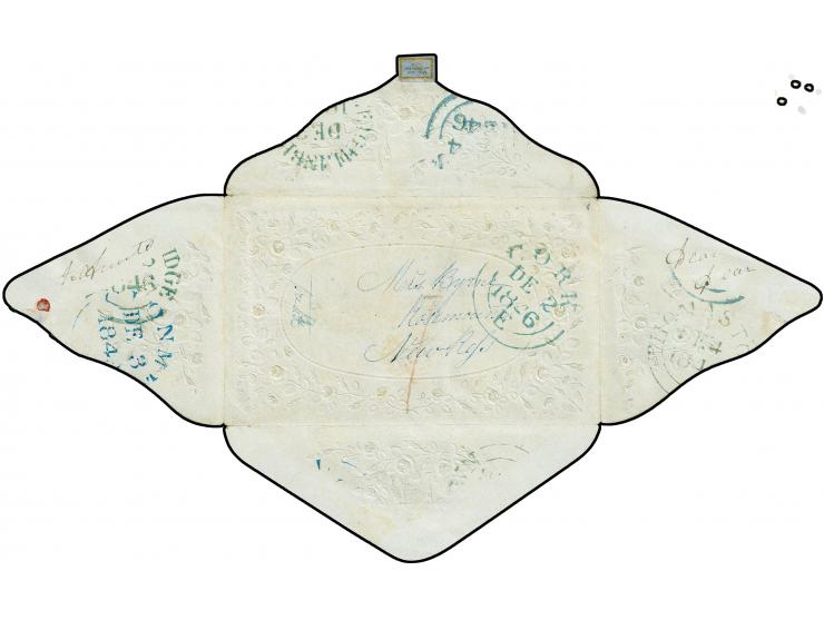 1846, "CORK DE 2 1846", blue cds. on embossed lady's envelope (opened out for display) to New Ross with manuscript rate "1", 
