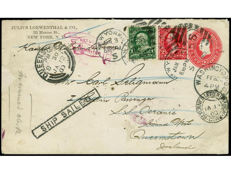 1900, "SHIP SAILED", clear boxed marking of Queenstown on US postal stationery envelope with additional franking from "NEW YO