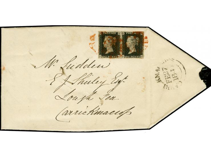 BRITISH STAMPS USED IN IRELAND: 1840, 1 d. black, plate 10, horizontal pair FI/FJ, two spots at right just clear, otherwise g
