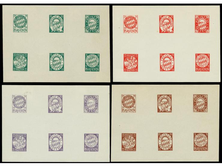 1920, 1920, Bayern-Abschied, nicht realisierte Serie "Wappen" von Franz Adler, 4 Kleinbogen in unterschiedlichen Farben auf P