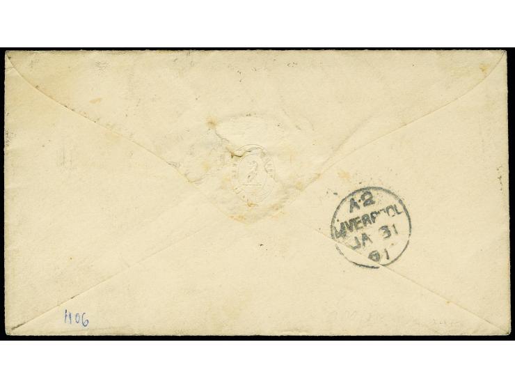 1856/58, 1 d. rose-red, 2 copies with clear duplex "186/DUBLIN JA 30 1861" to small envelope to Liverpool with adjacent red b