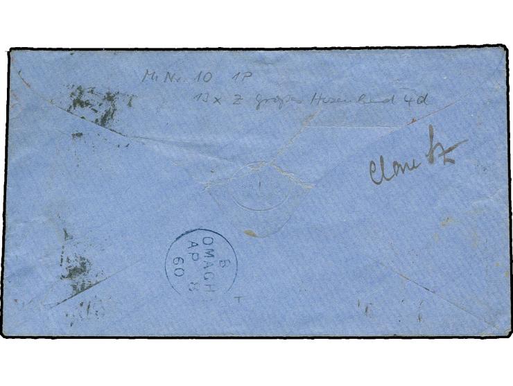 1 d. red, 4 copies with 1855/57, 4 d. rose, tied by numeral "86" to envelope with adjacent red "DUBLIN REGISTERED AP 7 1860" 