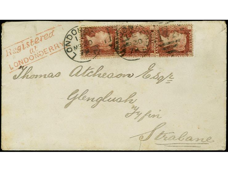 1858/79, 1 d. rose-red, pl. 187, 3 copies tied by duplex "LONDONDERRY MR 30 78" to envelope with adjacent clear red "Register
