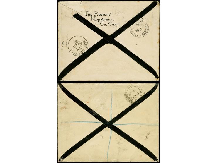 1881, 1 d. lilac (4) and 1887, ½ d. vermilion with numeral "186" on registered mourning cover with adjacent red "DUBLIN P.L.O