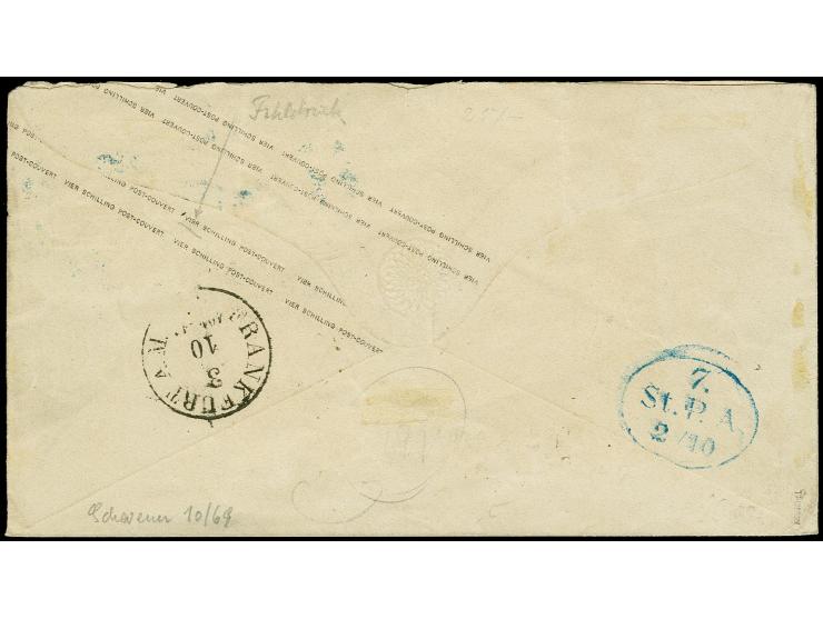 1867, Ausgabe mit Wasserzeichen: Umschlag 4 Sch. grün (rückseitig spiegelverkehrtem E im Überdruck) mit sauber nebengesetztem