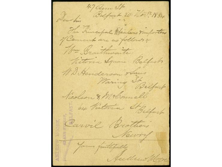 "BELFAST NO. 20 84 / 62", clear duplex on Belgium reply card 5 c. green with additional franking 5 c. ocre, to Anvers with ar