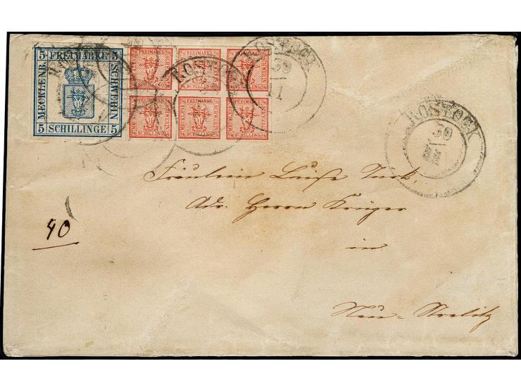 5 Schilling blau und 6/4 Schilling rot, farbfrisch und allseits breitrandig mit DKr. "ROSTOCK 30/11" auf Briefkuvert der 2. G