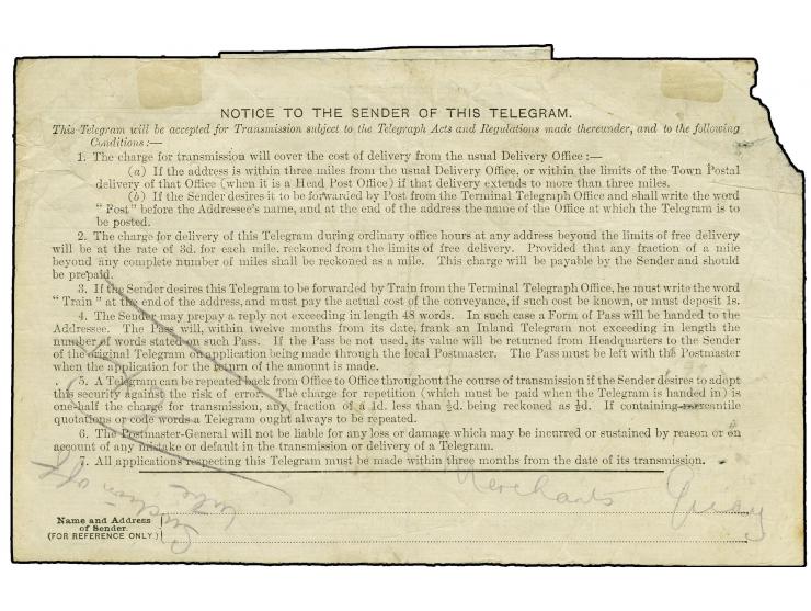1916, Telegraph acceptance form, franked with 1912/24, 3 d. and 6 d., tied "FOUR COURTS DUBLIN 22 AP 16" as fee for a telegra