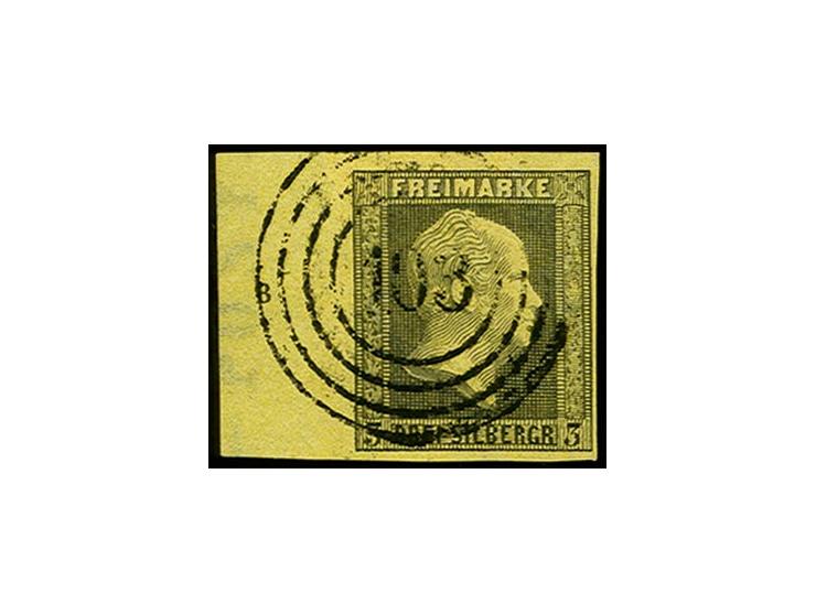 3 Sgr. auf gelb, voll- bis breitrandiges linkes Randstück, links mit ca. 10 mm Bogenrand mit Reihenzähler "8" sowie Wz.-Insch