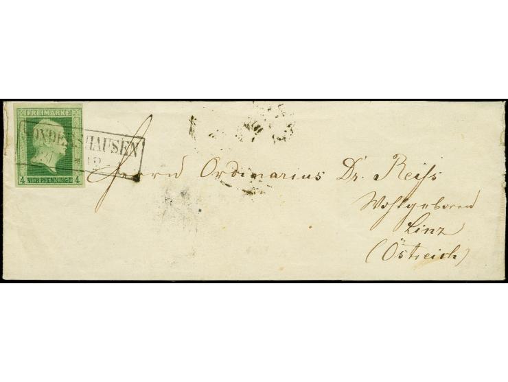 1856, Ergänzungswert 4 Pfg. grün, voll- bis breitrandig mit sauberem Ra2 "SONDERSHAUSEN 23/7" auf Streifband nach Linz in Öst