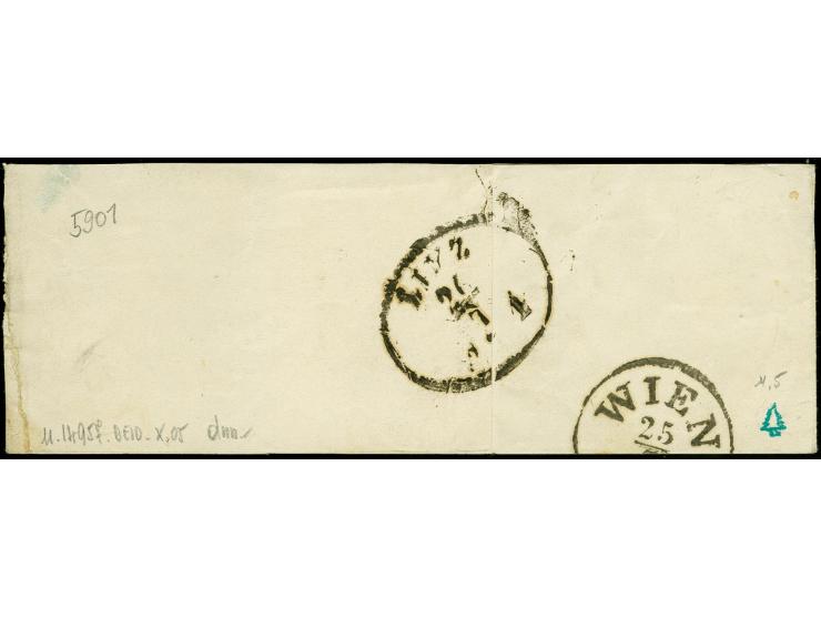 1856, Ergänzungswert 4 Pfg. grün, voll- bis breitrandig mit sauberem Ra2 "SONDERSHAUSEN 23/7" auf Streifband nach Linz in Öst