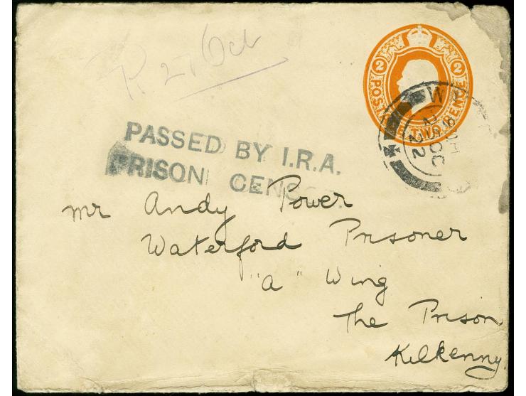 "PASSED BY I.R.A. PRISON CENSOR", clear double line marking on front of postal stationery envelope 2 d. from "WATERSIDE (?) 2