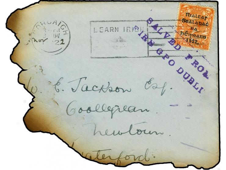 "SALVED FROM / FIRE GPO DUBLIN" in violet, clear marking on large part of envelope from Cork to Newtown