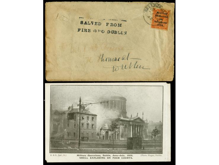 "SALVED FROM / FIRE GPO DUBLIN", clear marking in black on front and reverse of opened out envelope from Ballyjamesduff to Du