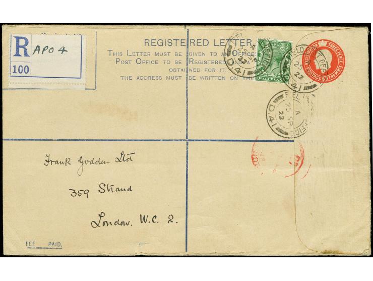 1922, Upsize British register envelope 2 d.+3 d. with additional franking ½ d., used during the postal strike with clear cds.