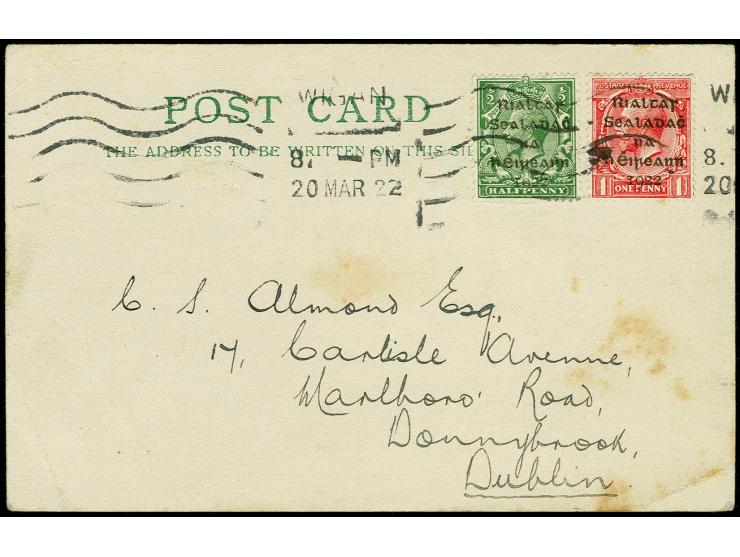 1922, ½ d. green and 1 d. red, used with British machine cancel "WIGAN 20 MAR 22" on postcard to Dublin, little stained; a ve