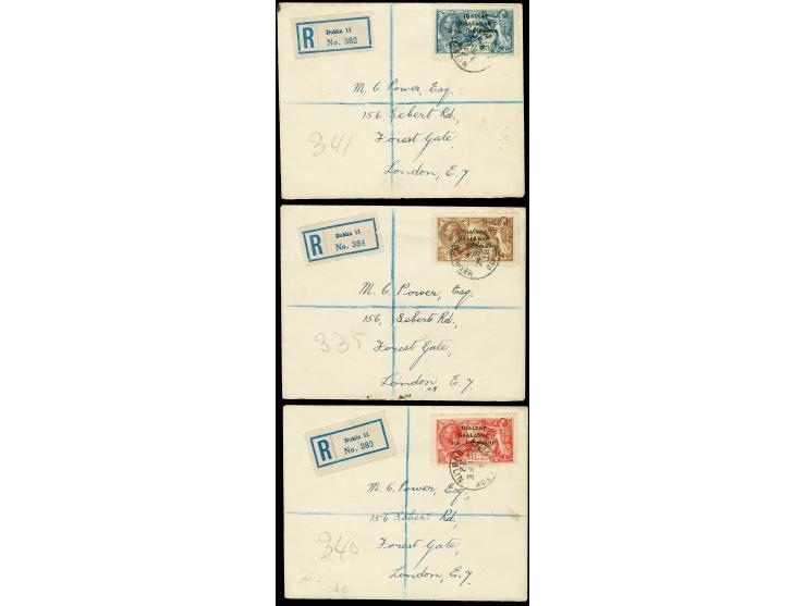 Seahorses 2 s. 6 d.-10 s., each tied by cds. "DUBLIN 21 Fe 22" to registered letters to London with transit and arrival marks